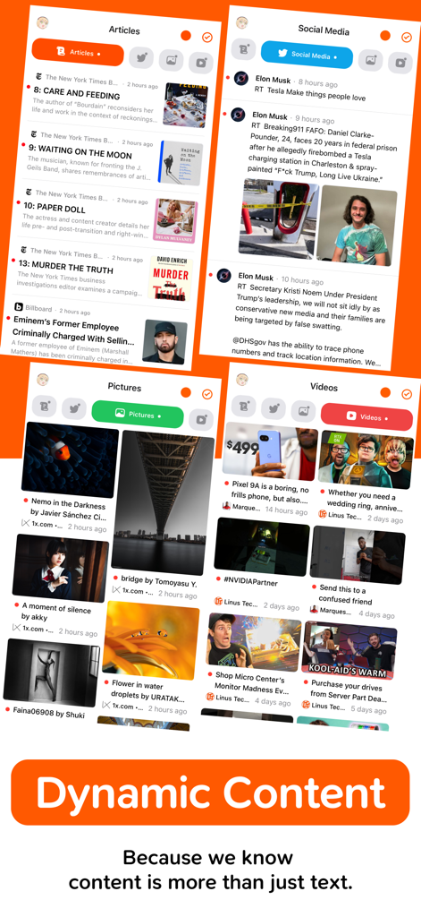 Four screenshots of the Folo app showing articles, social media, pictures, and videos in a clean interface.