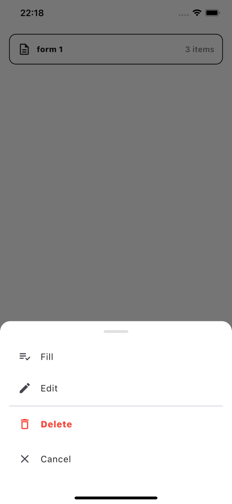 Form Makerアプリで保存済みフォームに記入、編集、または削除するオプションが表示されるメニュー