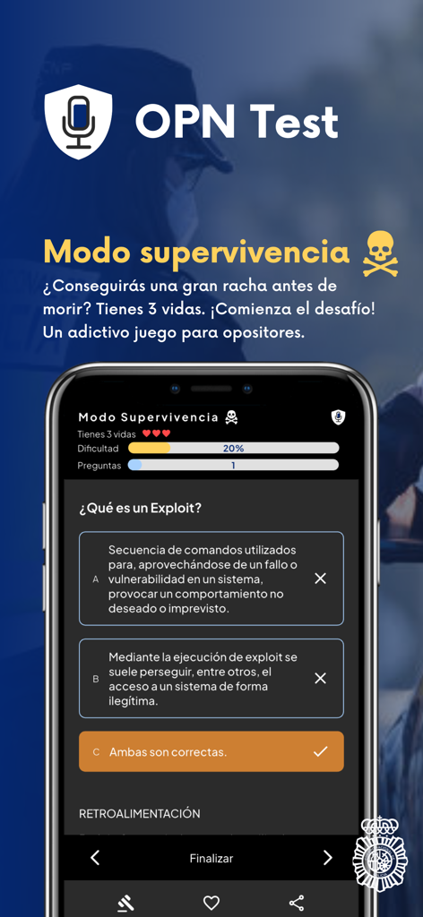 OPN Test Policía Nacional - Interfaz de la aplicación OPN Test que muestra el Modo Supervivencia con una pregunta de concurso gamificada para la preparación del examen de policía