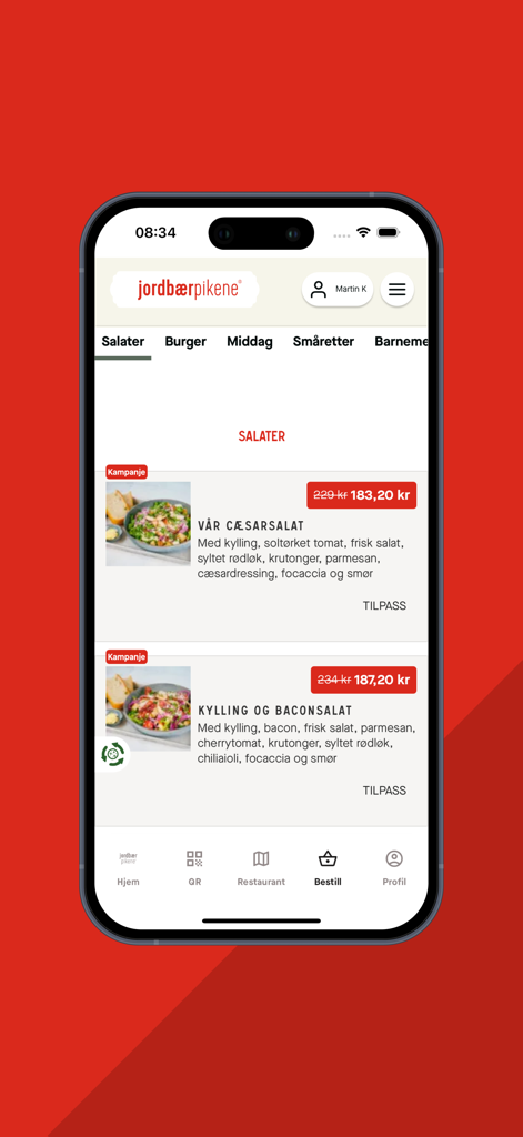 Jordbærpikene - Smartphone-Bildschirm mit der Jordbaerpikene Café-App-Menü mit verschiedenen Salatoptionen und Preisen