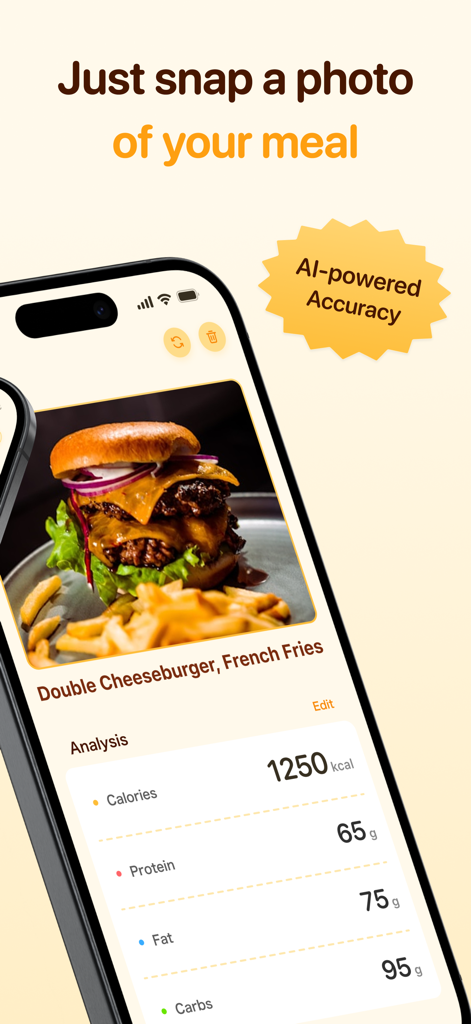 Calsee app interface showing AI nutritional analysis of a cheeseburger and fries from a photo.