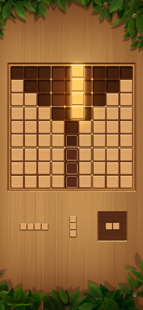 Block Puzzle-Wood Sudoku Game - A wooden block sudoku board showing a vertical line of glowing blocks being cleared
