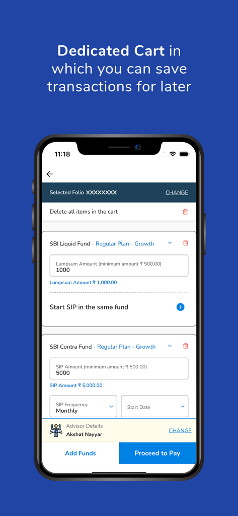 SBI Mutual Fund - InvesTap - SBI Mutual Fund InvesTap app interface showing a dedicated cart for saving and managing mutual fund transactions and SIP plans.