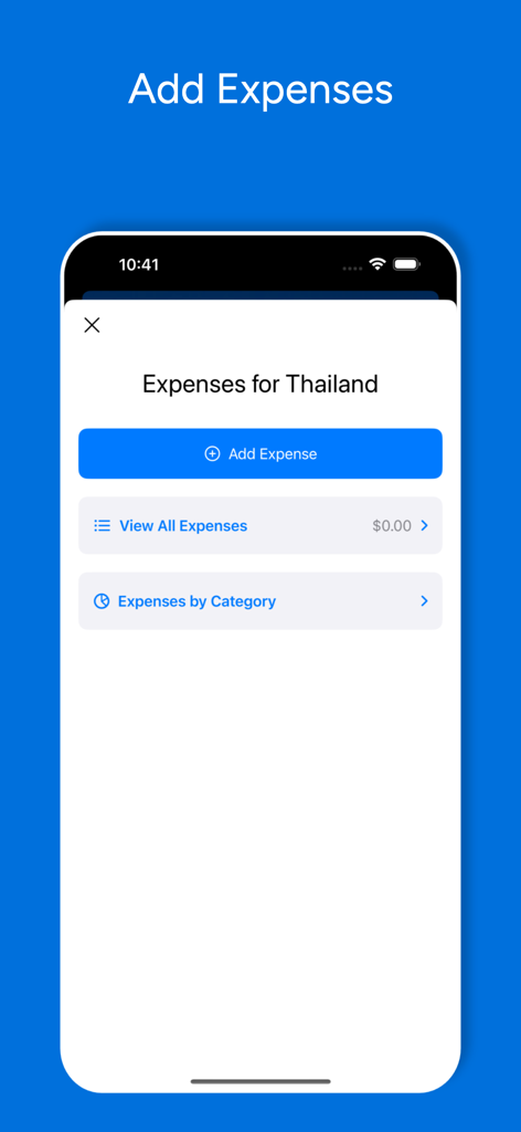 A clean mobile app interface showing the expenses management screen for a trip to Thailand with buttons to add and view expenses.