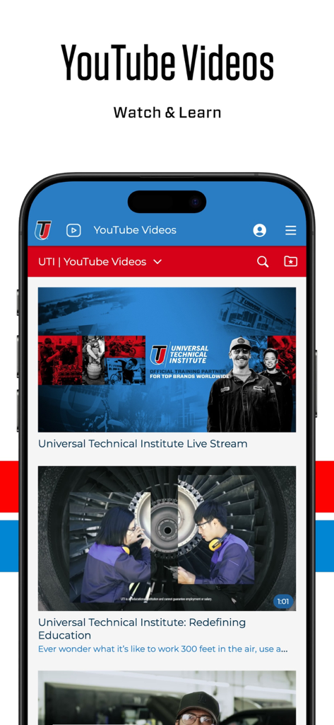 UTI Go app YouTube videos screen for technical training and education