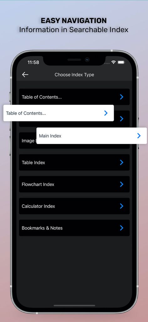 Washington Manual Medical Ther - A smartphone showing the navigation menu of the Washington Manual app with searchable index options like Table of Contents and Flowchart Index