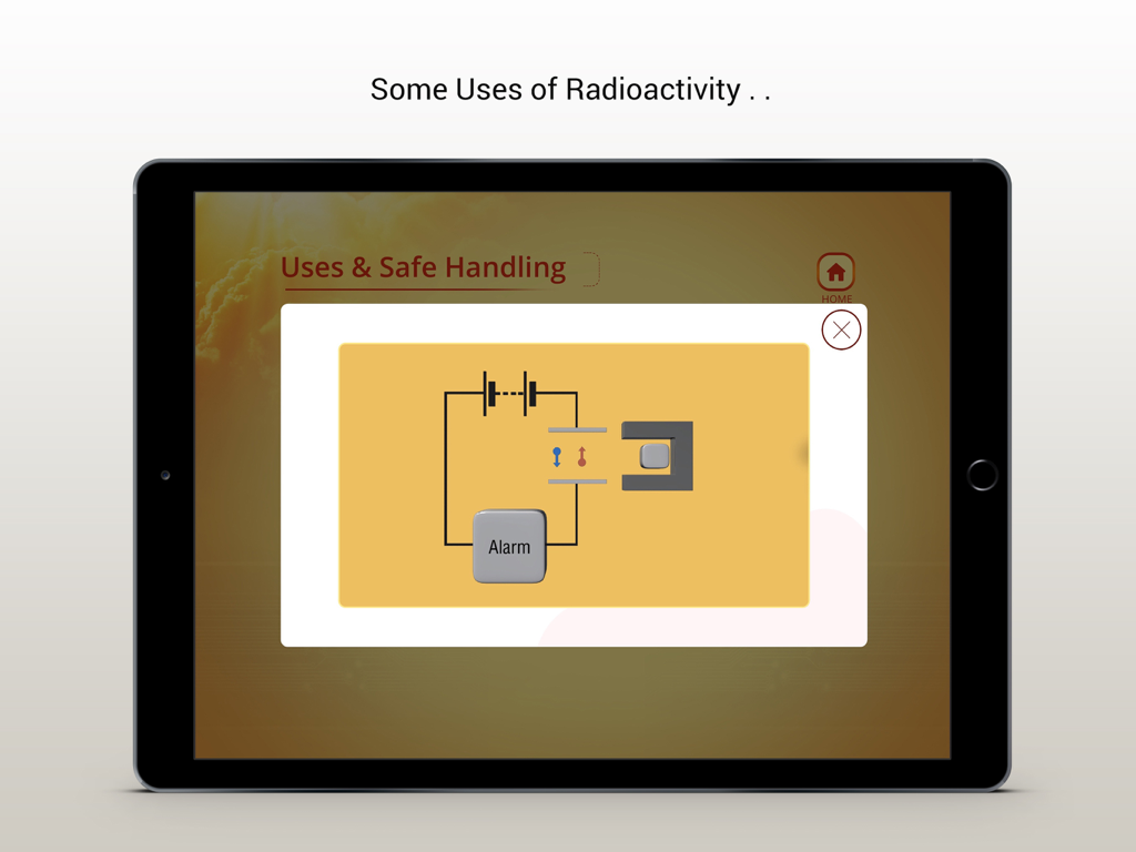 Ein pädagogisches Diagramm, das den internen Aufbau eines Rauchmelders mit Radioaktivität in der Radioaktivitäts-Physik-App zeigt.