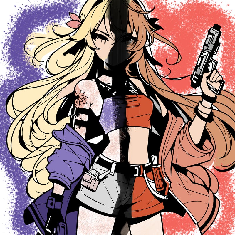 bad girl wearing crop top holding a gun long hair anime