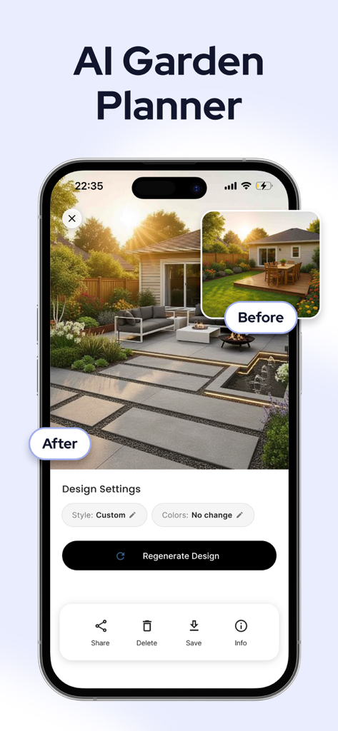 Designer Ai: Room, House Decor - Smartphone screen showing a before and after comparison of a backyard landscape design using the AI Garden Planner app