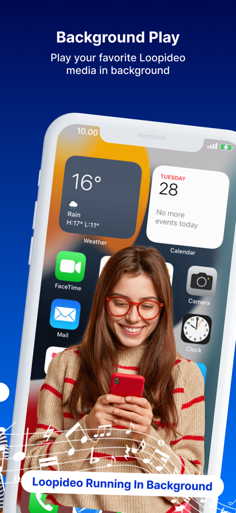 Loopideo - Loop Videos - A woman using a smartphone with a notification showing Loopideo running in the background
