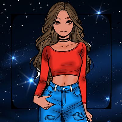a realistic girl in a crop top and ripped jeans with long hair