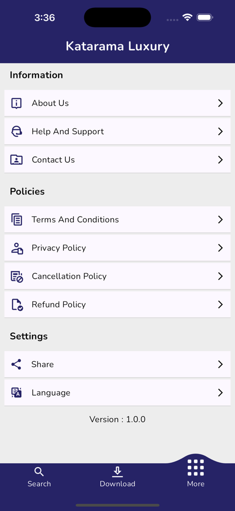 Settings and information menu in the Katarama Luxury app