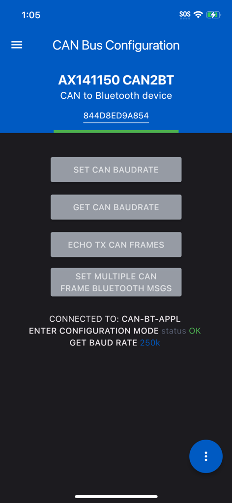 CAN2BLE Configuration - CAN Bus configuration interface for AX141150 CAN2BT device showing baud rate settings and connection status.