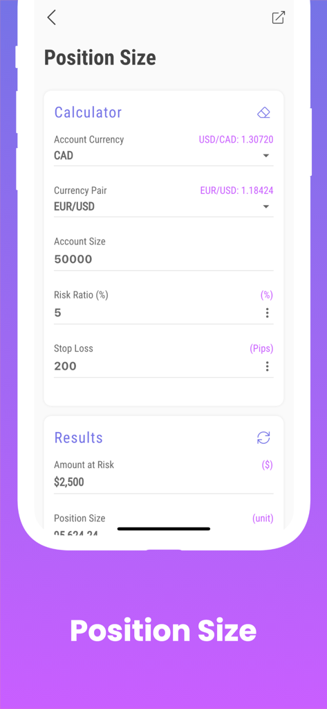 FX Calculators App-Oberfläche, die den Positionsgrößen-Rechner für den Forex-Handel zeigt