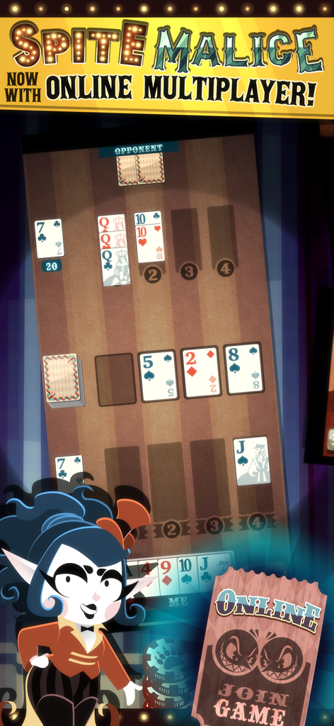 Spite & Malice! - Gameplay of Spite and Malice card game showing online multiplayer mode with a circus theme