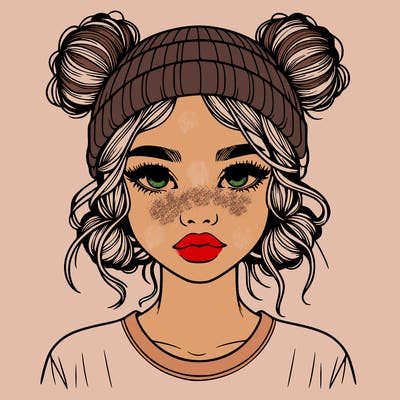 realistic girl with buns in her hair with a beanie on