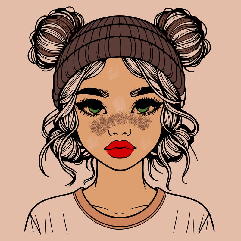 realistic girl with buns in her hair with a beanie on