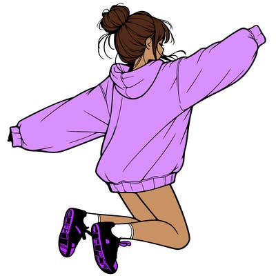 realistic girl jumping with a bun and oversized sweatshirt