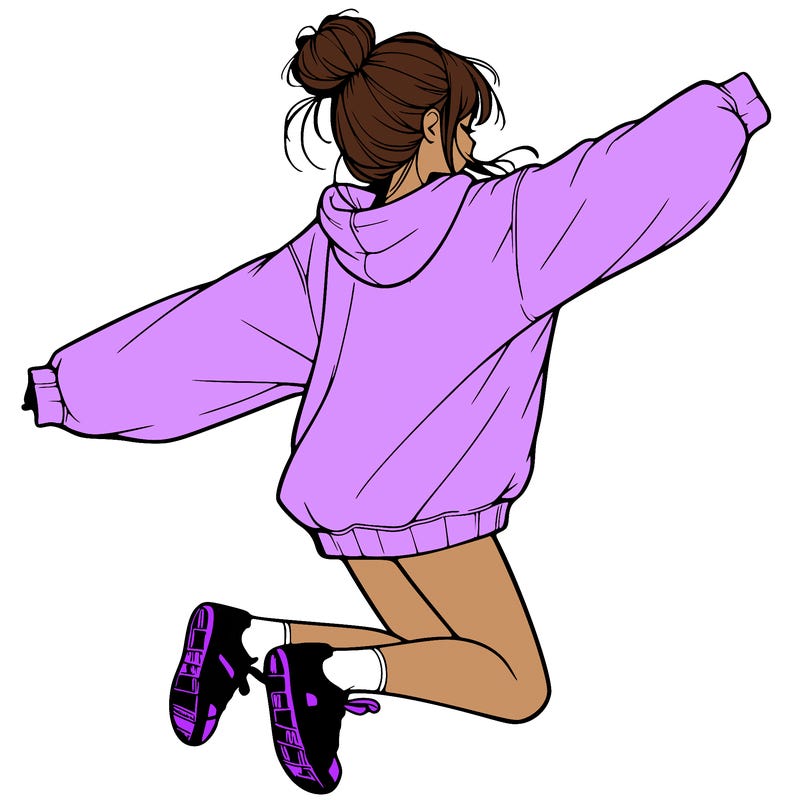 realistic girl jumping with a bun and oversized sweatshirt