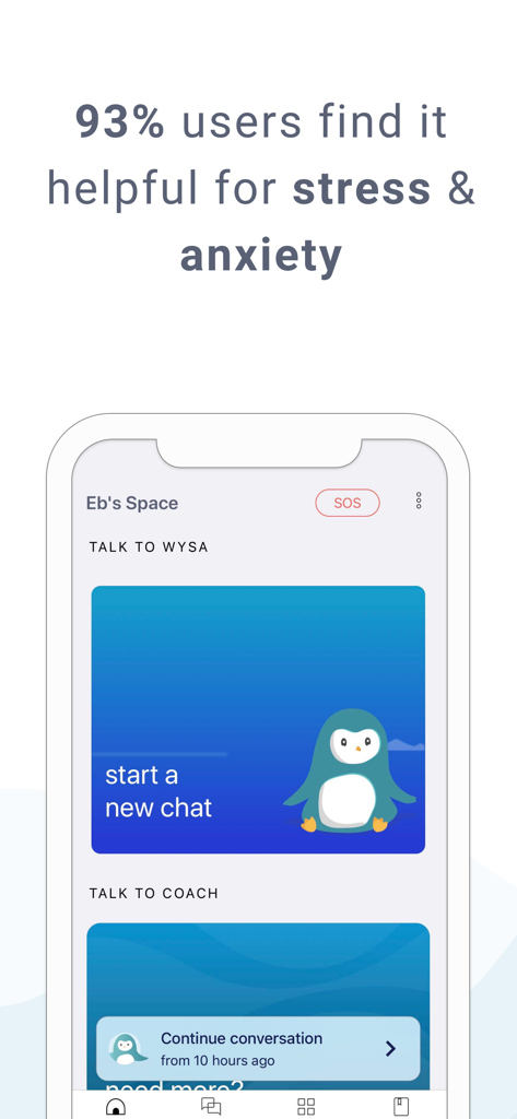 Wysa: Mental Wellbeing AI - Wysa app interface featuring a penguin mascot and a message stating 93 percent of users find it helpful for stress and anxiety.