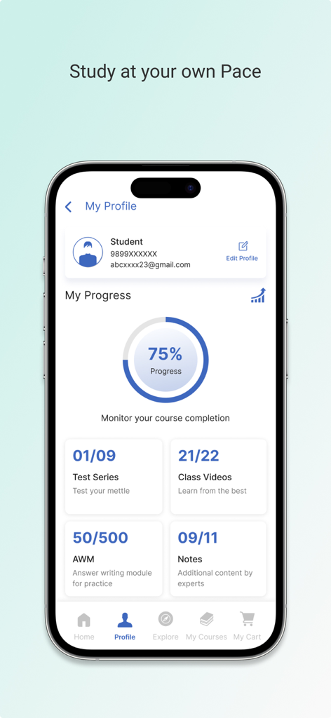 Drishti Learning App - Drishti Learning App profile interface showing a student progress tracker with course completion stats