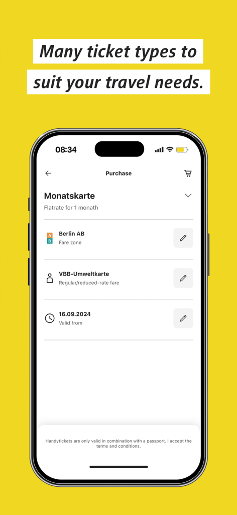 Pantalla de compra de la aplicación BVG Tickets mostrando varios tipos de billetes de viaje para Berlín.