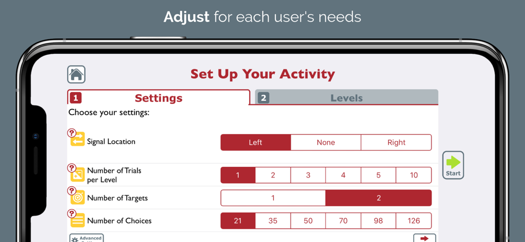 Activity setup screen in the Visual Attention Therapy Lite app showing settings for signal location and number of targets