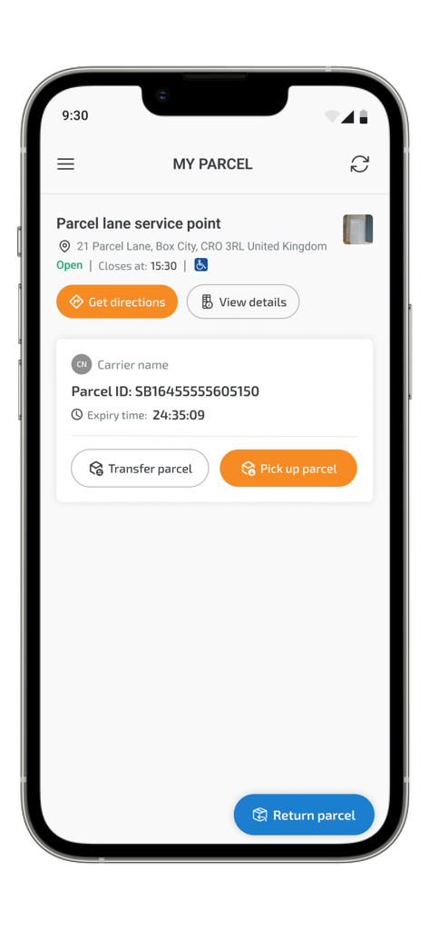 Unlock Point SLM - Pantalla de la aplicación móvil que muestra información de seguimiento de paquetes y opciones de recogida para un servicio de taquillas