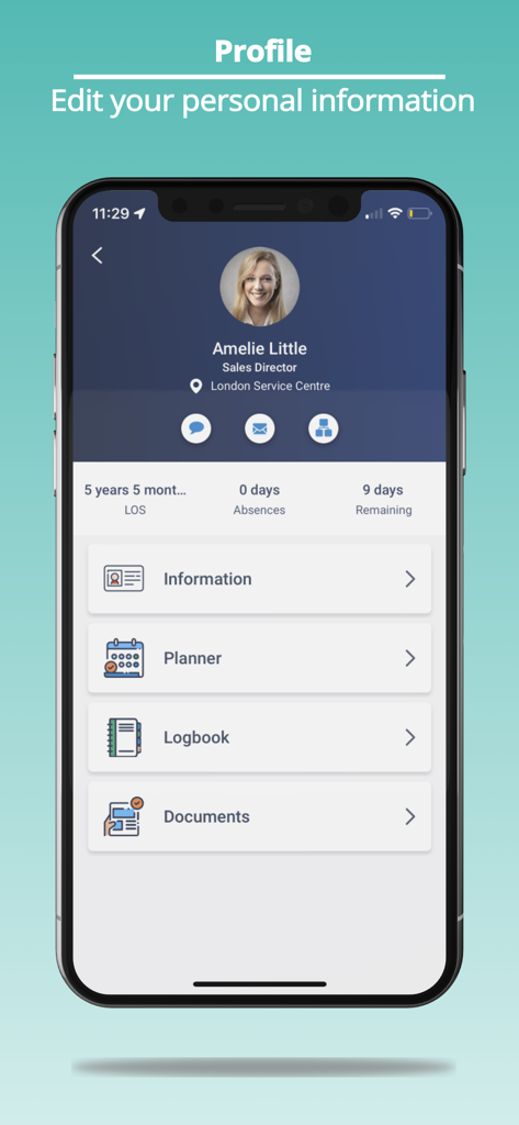 Access PeopleHR - Employee profile page in the Access PeopleHR app showing personal details and self-service navigation buttons