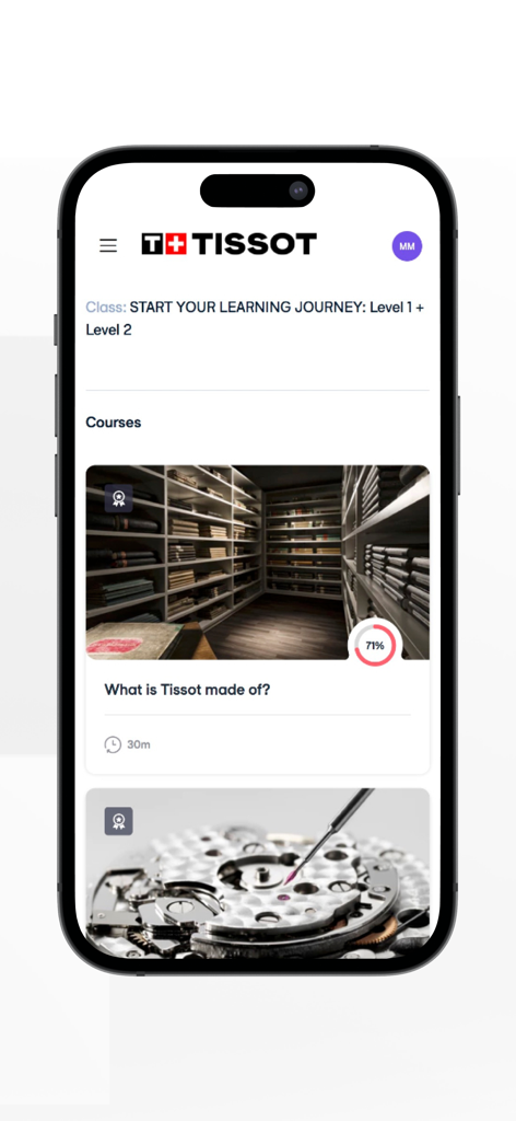 TISSOT Academy - TISSOT Academy mobile app interface displaying a list of educational courses for retail sales associates.