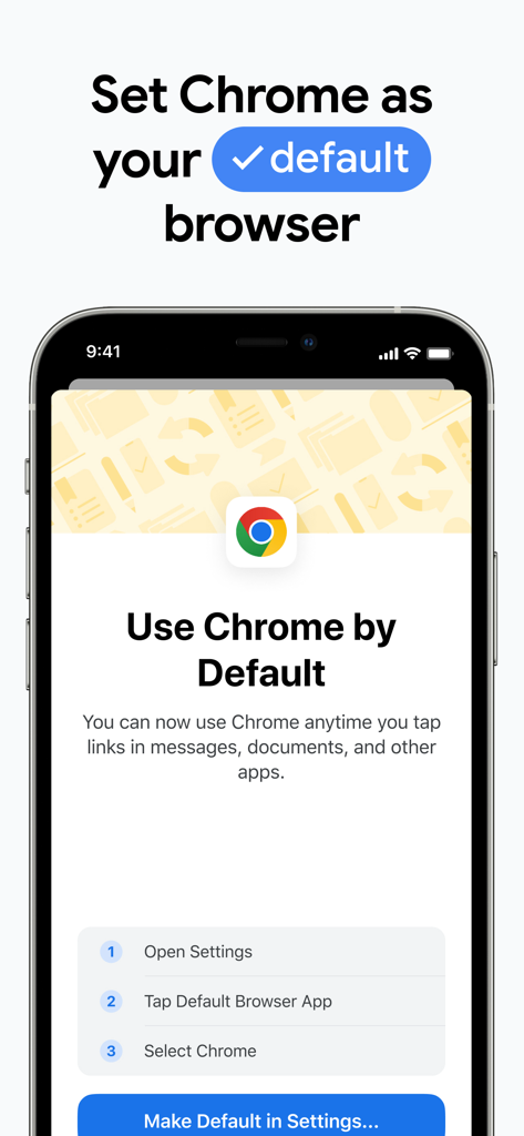 Una schermata che mostra le istruzioni per impostare Google Chrome come browser predefinito su un iPhone