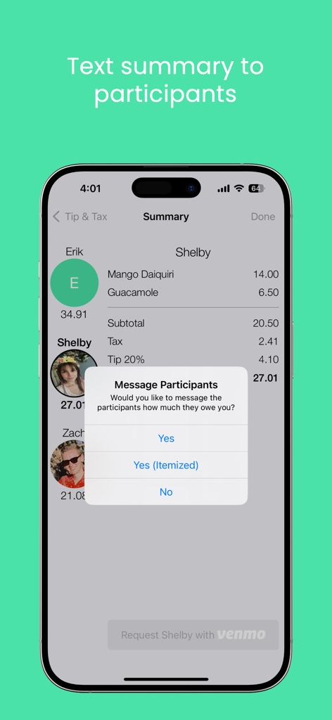 A mobile screenshot of the Forkit app summary page showing itemized bill costs and a prompt to message participants.