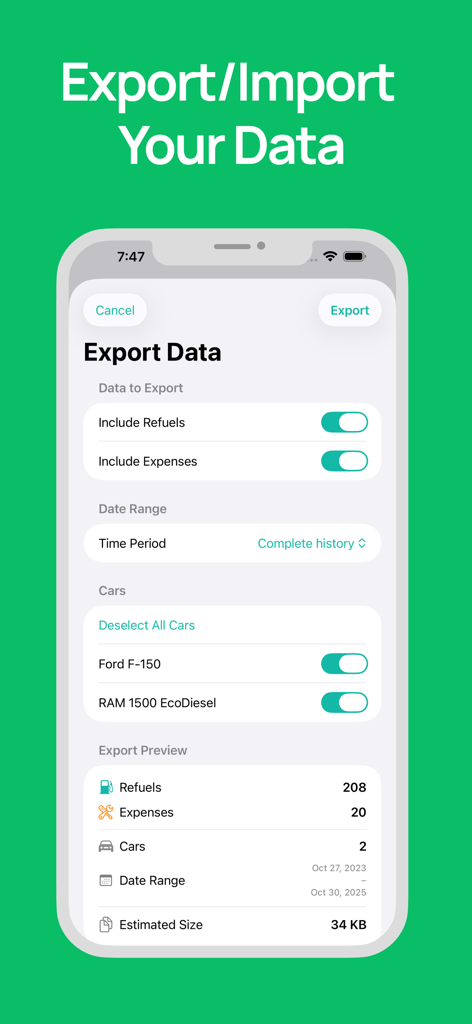 Fuel Cost Calculator & Tracker - Tela de exportação de dados do aplicativo de rastreamento de combustível mostrando opções para incluir reabastecimentos e despesas para múltiplos veículos como Ford F-150 e RAM 1500