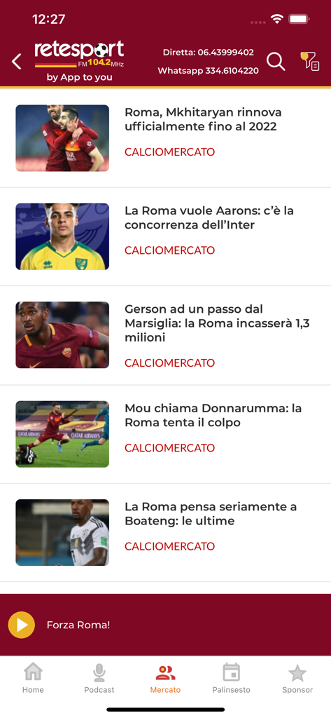Schermata dell'app Retesport che mostra i titoli delle notizie calcistiche dell'AS Roma