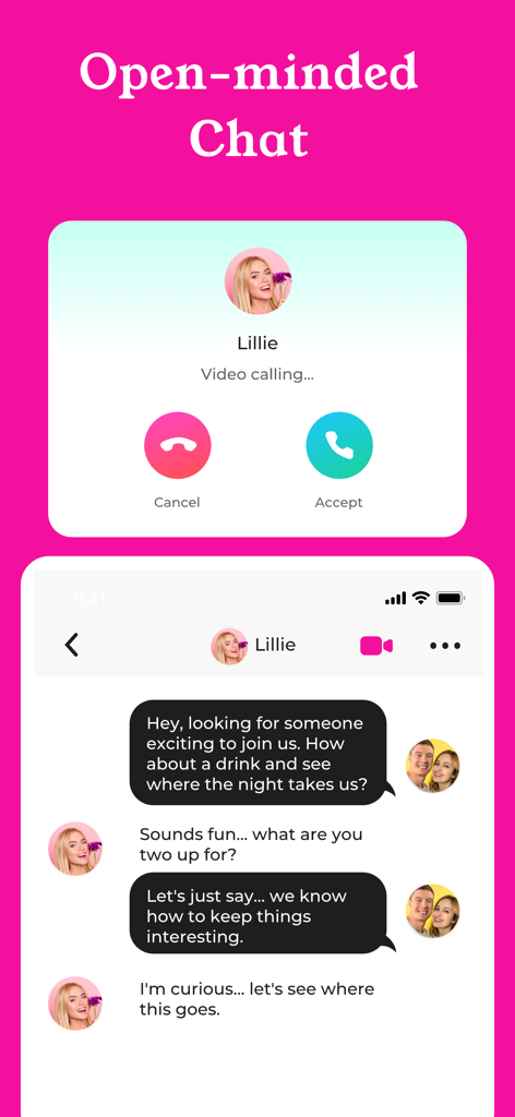 Interfaz de la app BiCupid mostrando una conversación de chat y una videollamada entre una pareja y una mujer soltera.