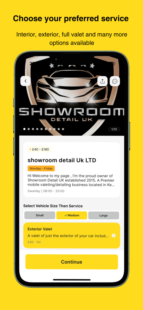 Clean Me - Mobile Car Wash - Interfaz de la app Clean Me que muestra la selección de servicios para un lavado de coches a domicilio con opciones de tamaño de vehículo y precios