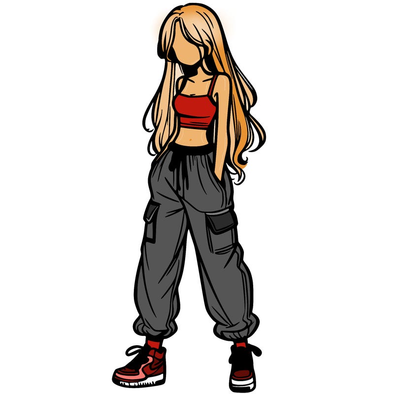 girl in baggy pants crop top and long hair