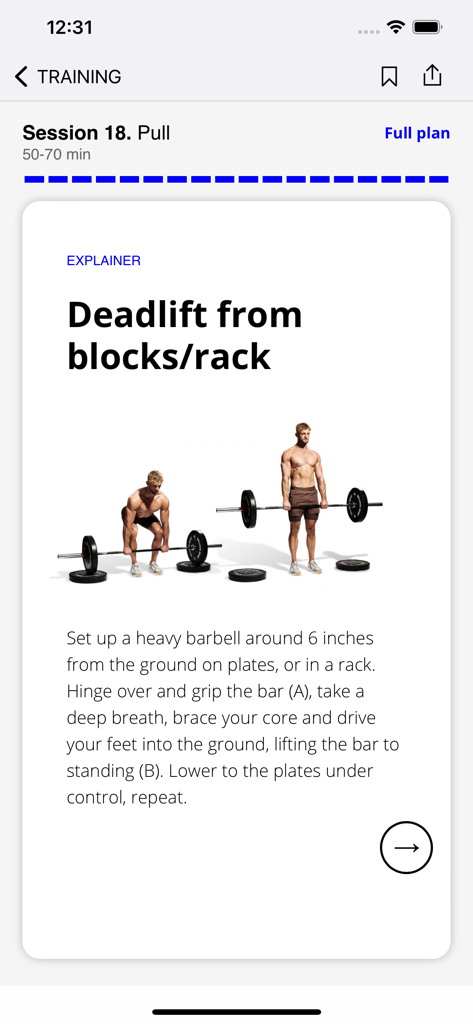 Men's Health UK - ブロックからのデッドリフトエクササイズのステップバイステップ解説を表示するMen's Health UKアプリからのスクリーンショット。