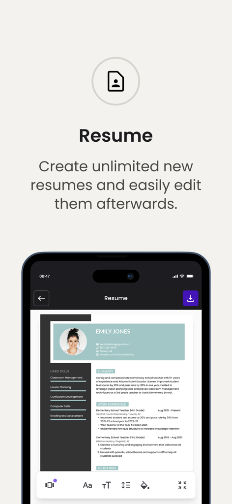 Una pantalla de teléfono inteligente que muestra una plantilla de currículum profesional dentro de la aplicación Jobseeker.
