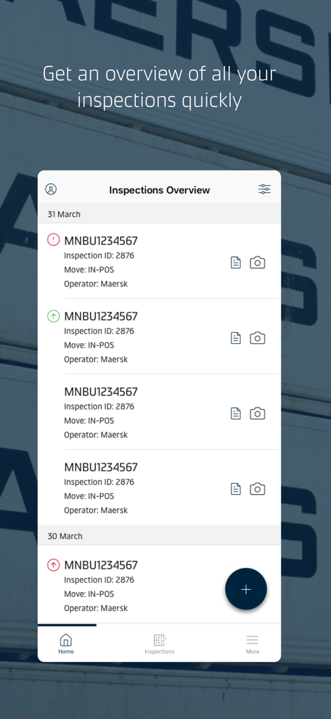 Maersk eEIR app screen showing a list of container inspections with ID numbers and status icons