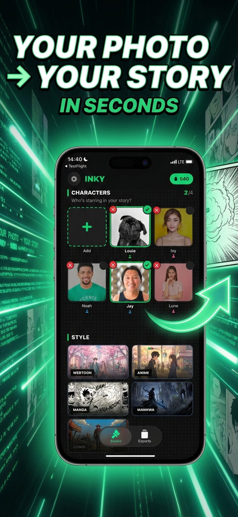 INKY: AI Manga, Comic & Anime - Interface of INKY app showing character selection and various art styles like Manga and Anime