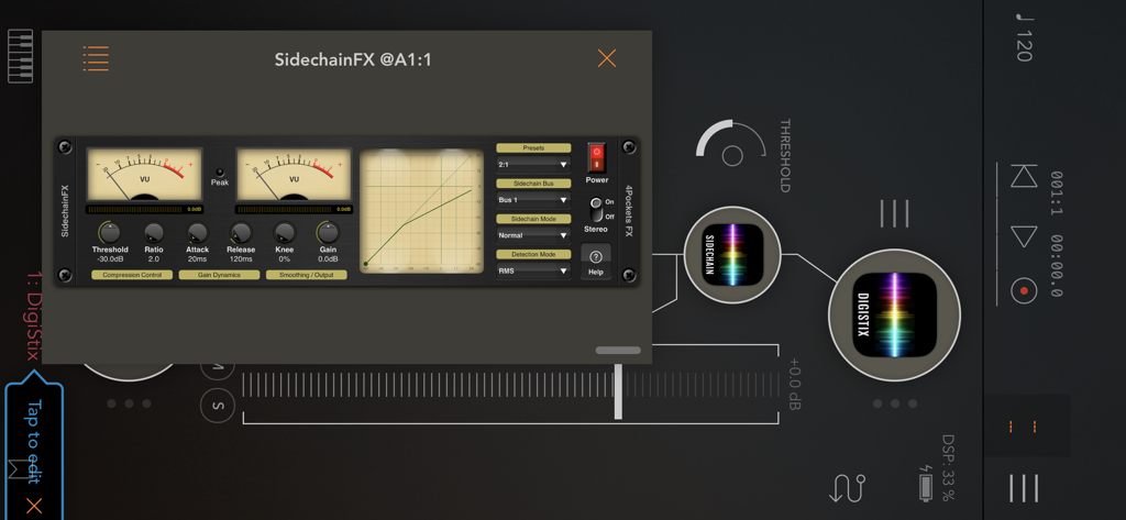 モバイルDAW内のVUメーターと圧縮グラフを表示するSidechain Compressor Plugin AUv3のインターフェース