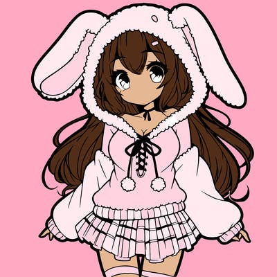 pretty anime girl wearing a fluffy hoodie with bunny ears on the hood and a skirt