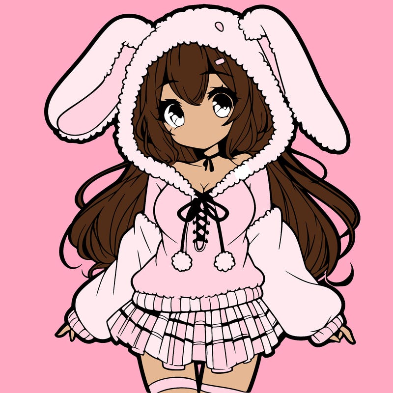 pretty anime girl wearing a fluffy hoodie with bunny ears on the hood and a skirt