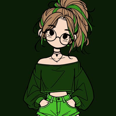 girl with a messy ponytail glasses a baggy crop top and jean shorts