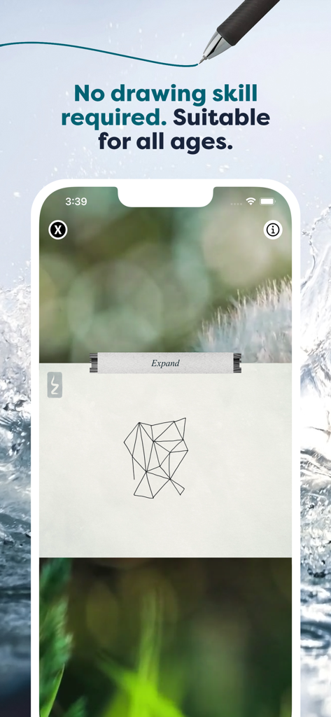 Lines of Zenアプリのインターフェースに、描画スキル不要のテキストが付いた幾何学的な瞑想的描画エクササイズが表示されている