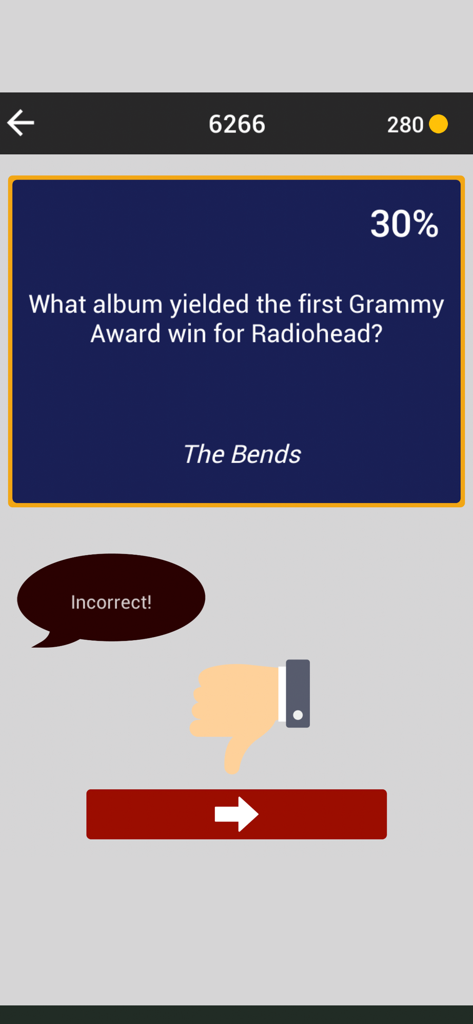 The 1% Club - Screenshot of an incorrect answer screen in the 1 percent club mobile game with a thumbs down icon