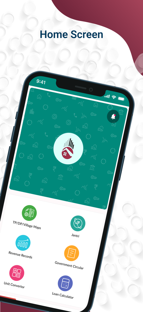 My Estate Point India - Home screen of My Estate Point India app showing property tools including maps, records, and unit converters