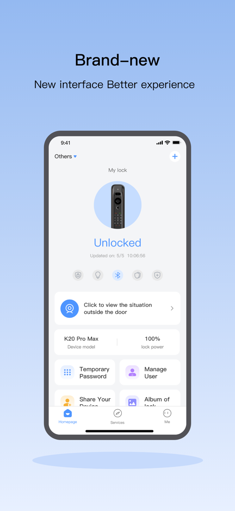 Kaadas Smart - Interface of the Kaadas Smart app showing a smart lock status as unlocked and various home security management features.