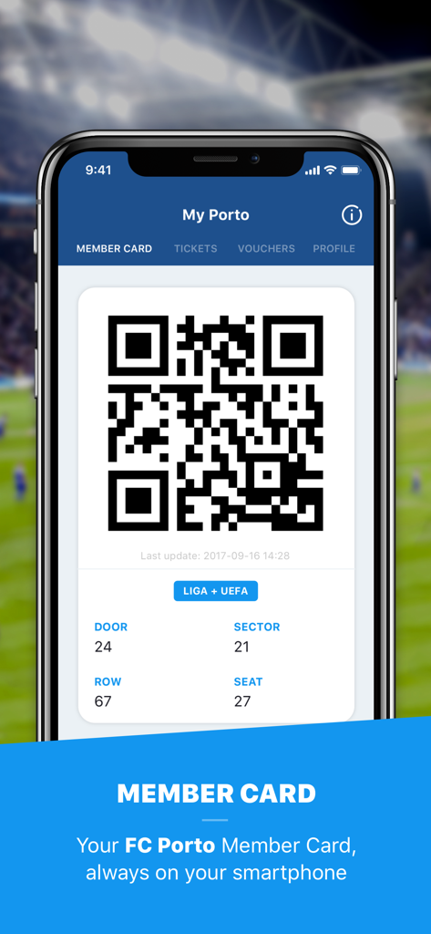 A smartphone screen displaying a digital FC Porto member card with a QR code and stadium seat information.